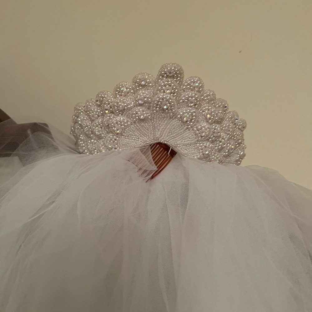 Bridal headpiece and veil.
